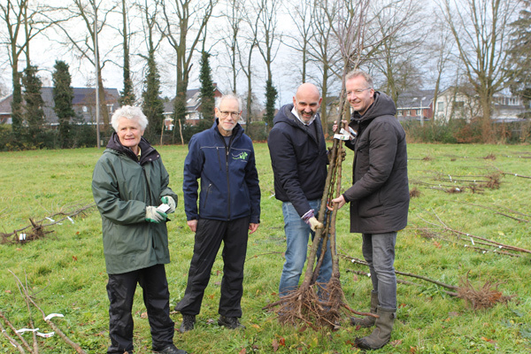 Alida Bosma en Marten Mulder van Groentje, wethouder Beerd Flier planten een fruitboom