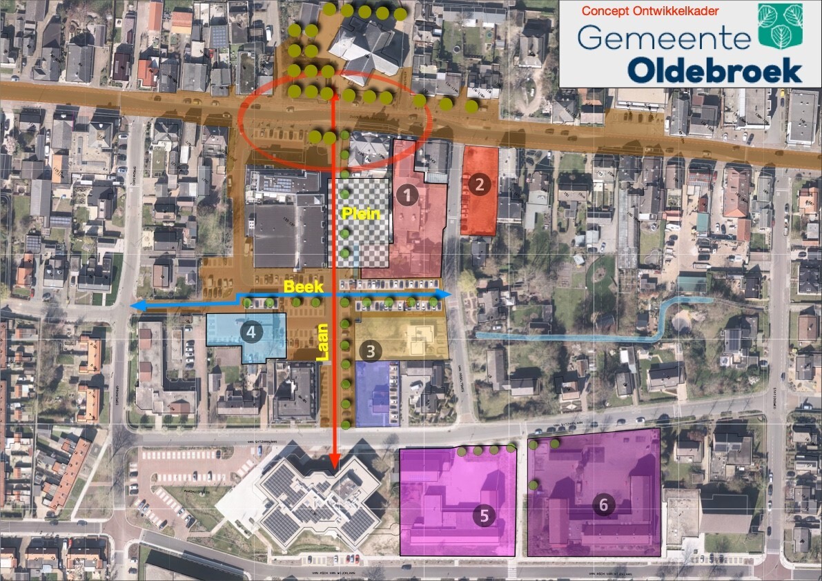 Kaart met de 6 deelgebieden in Oldebroek centrum